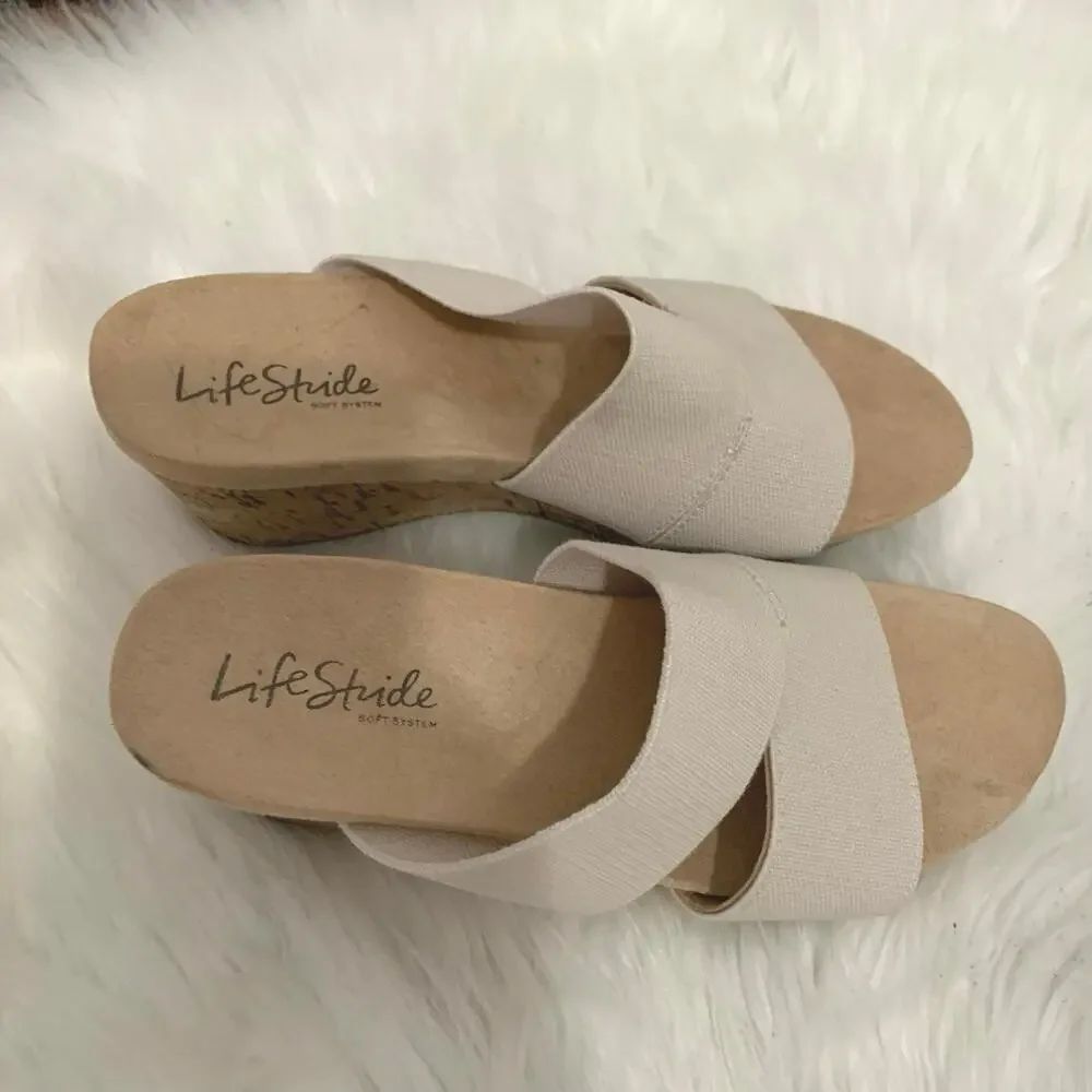 Life Stride Divine Neutral Double Strap Wedge Cork Heel Sandals Size 6